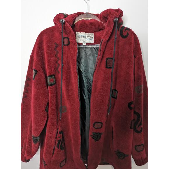 Vintage 90's Forecaster Plush Fleece Mid Length Jacket Red Geometric Print M - Picture 3 of 11